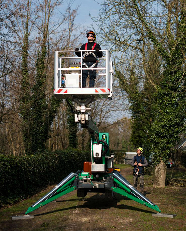 Un technicien équipé d’un harnais est en hauteur dans une nacelle araignée, pendant qu’un opérateur au sol assure l’assistance sur un chantier arboré à Strasbourg.